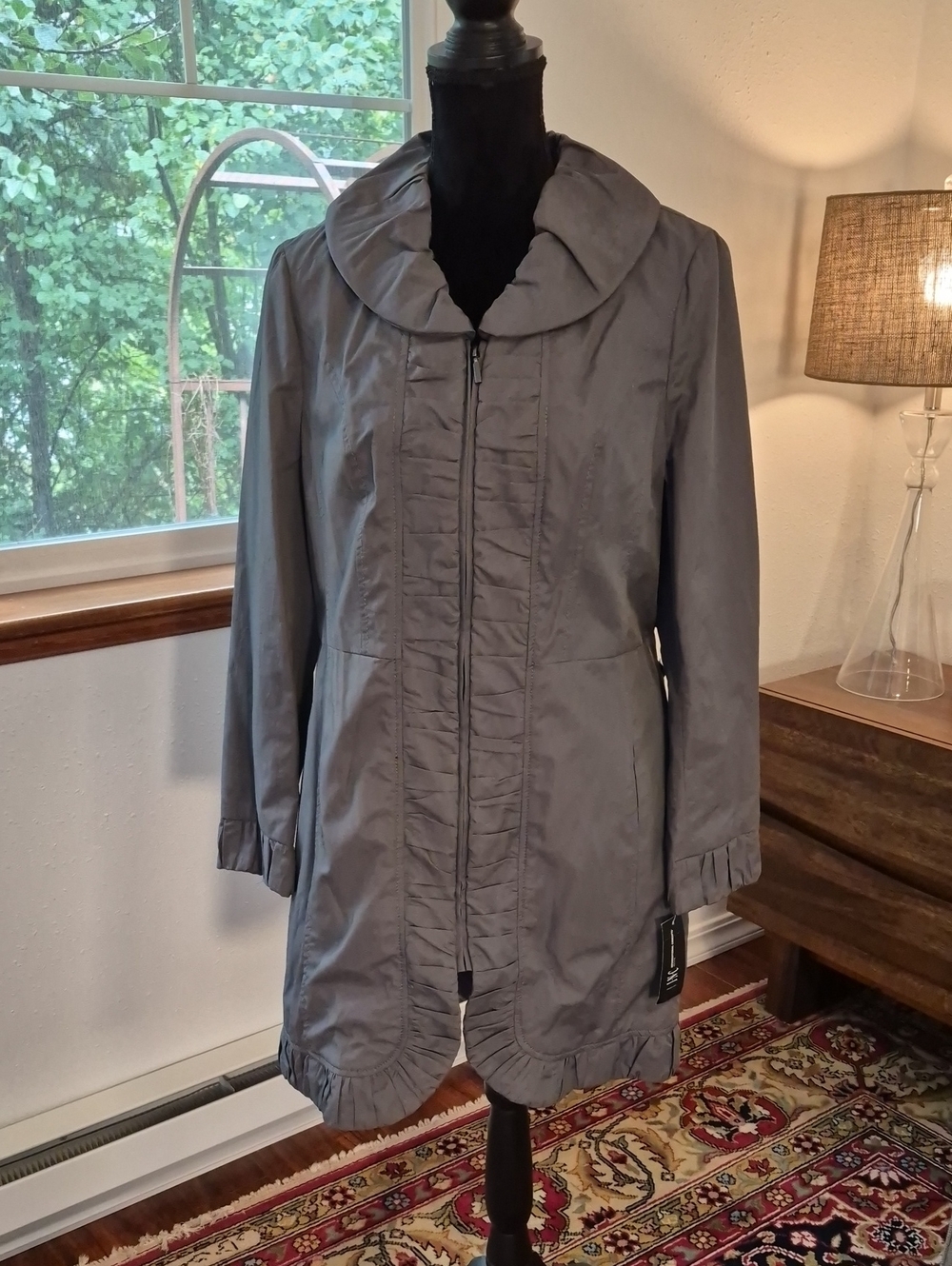 INC Y2K Ruched Nylon Trench Coat Grey NWT MISSING BELT